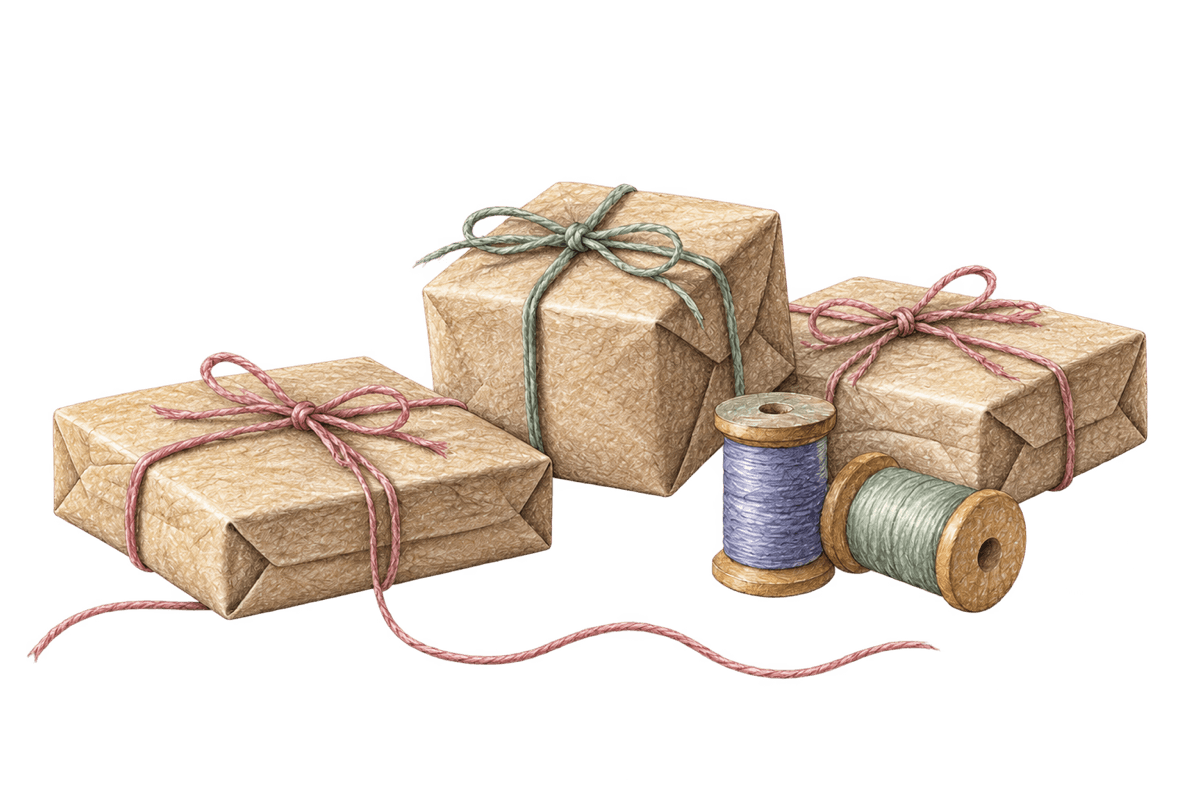 Tiny parcels, a spool of thread, and softly drawn Christmas ribbons