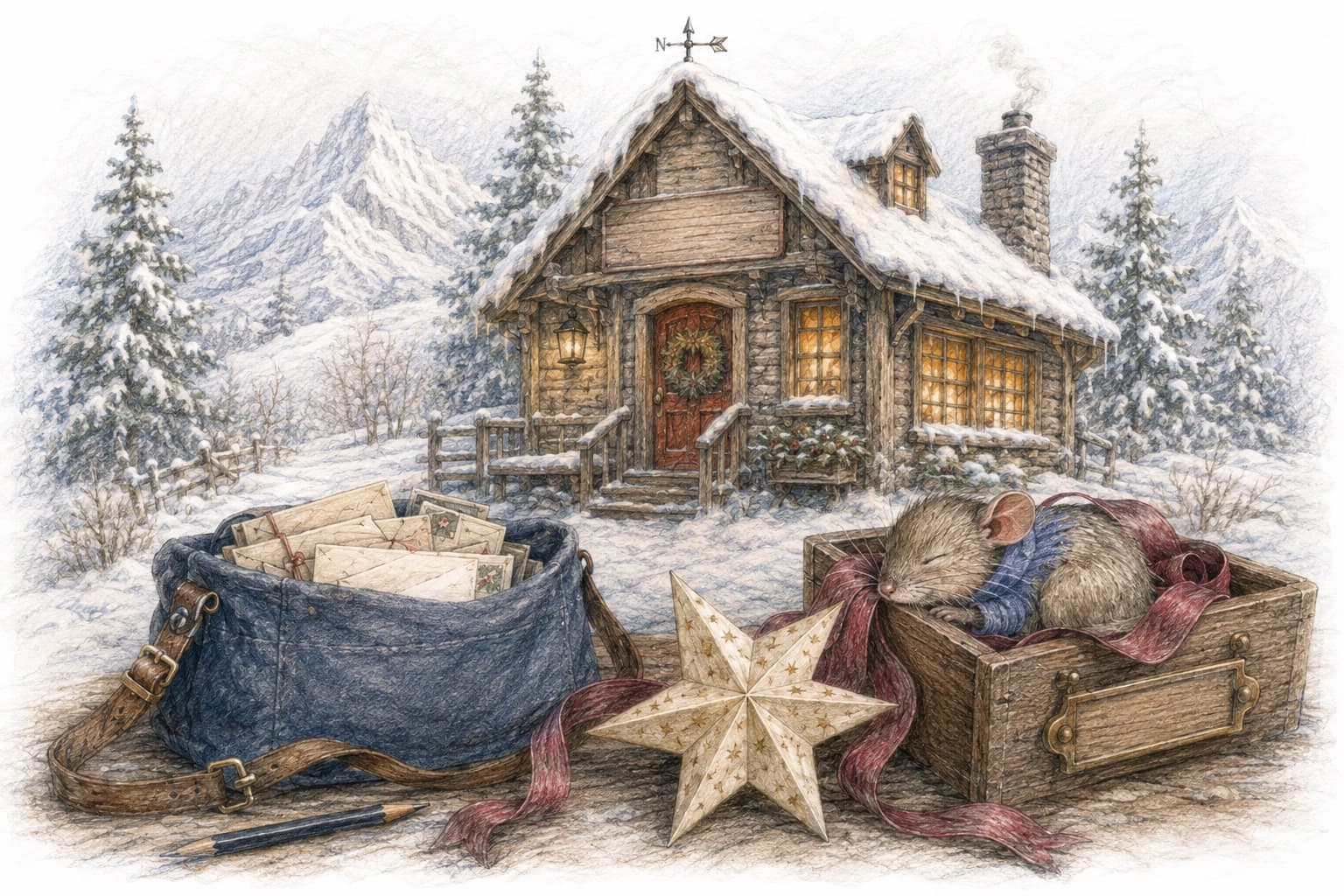 A snowy post office, a blue mail satchel, and Pip the mouse asleep in a ribbon drawer.