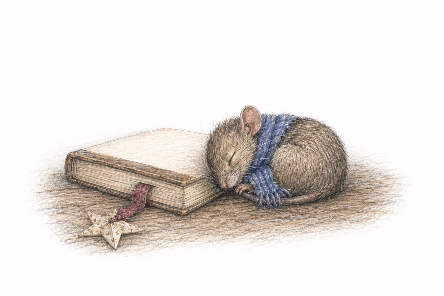 Pip sleeps beside a closed book with its paper-star bookmark.